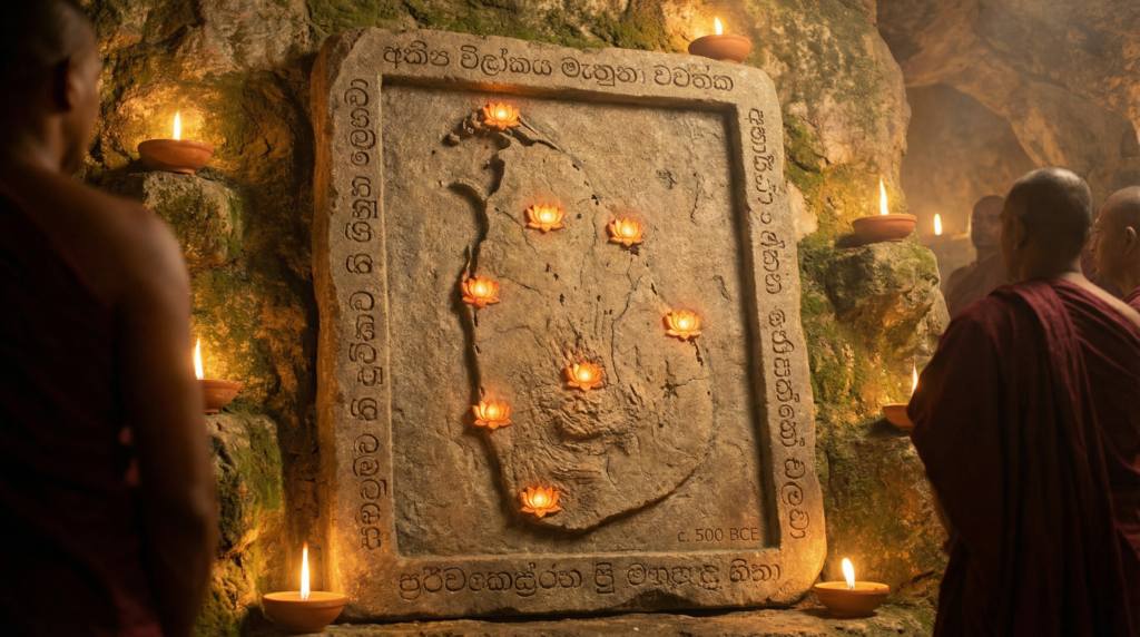 Ancient stone map of Sri Lanka showing sacred Buddhist sites